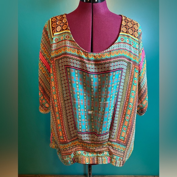 Nine West Blue and Orange Sheer Boxy Blouse - Picture 1 of 5